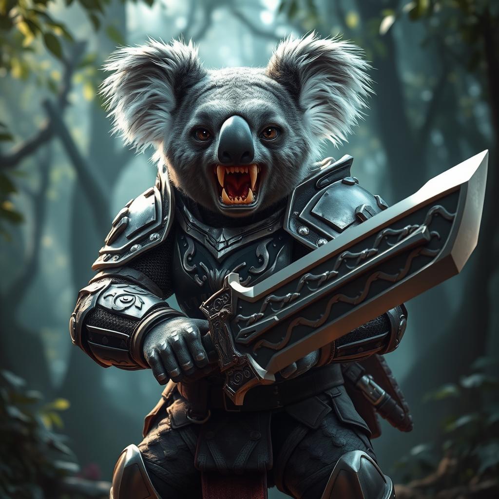 A fierce armored warrior koala displaying its sharp teeth, exuding a bold and intimidating aura