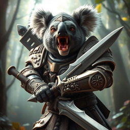 A fierce armored warrior koala displaying its sharp teeth, exuding a bold and intimidating aura