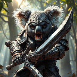 A fierce armored warrior koala displaying its sharp teeth, exuding a bold and intimidating aura