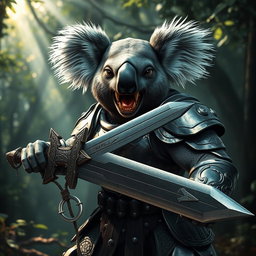 A fierce armored warrior koala displaying its sharp teeth, exuding a bold and intimidating aura