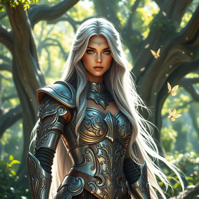 A beautiful warrior woman standing confidently in an enchanted forest, wearing intricate silver armor that glitters in the dappled sunlight