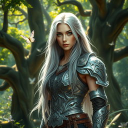 A beautiful warrior woman standing confidently in an enchanted forest, wearing intricate silver armor that glitters in the dappled sunlight