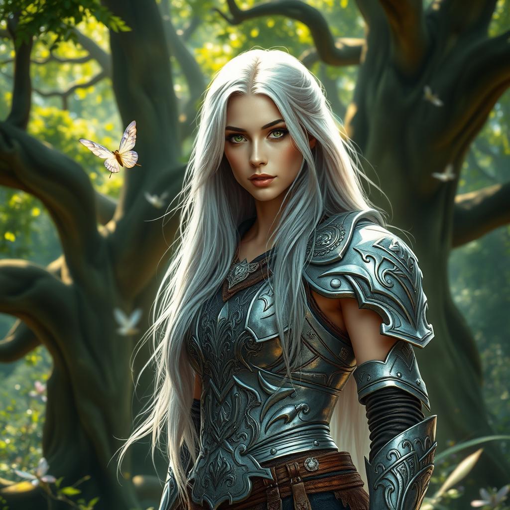 A beautiful warrior woman standing confidently in an enchanted forest, wearing intricate silver armor that glitters in the dappled sunlight