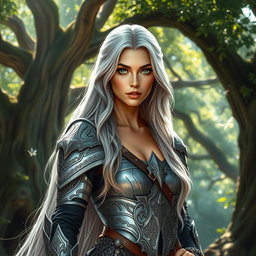 A beautiful warrior woman standing confidently in an enchanted forest, wearing intricate silver armor that glitters in the dappled sunlight