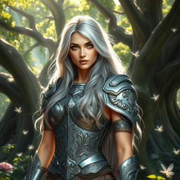 A beautiful warrior woman standing confidently in an enchanted forest, wearing intricate silver armor that glitters in the dappled sunlight