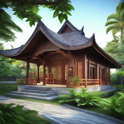 Create a traditional Javanese Joglo house, featuring ornate wooden carvings, steeply pitched roof, and open living areas. Incorporate a surrounding veranda and a beautifully manicured garden to complete this peaceful, cultural abode.