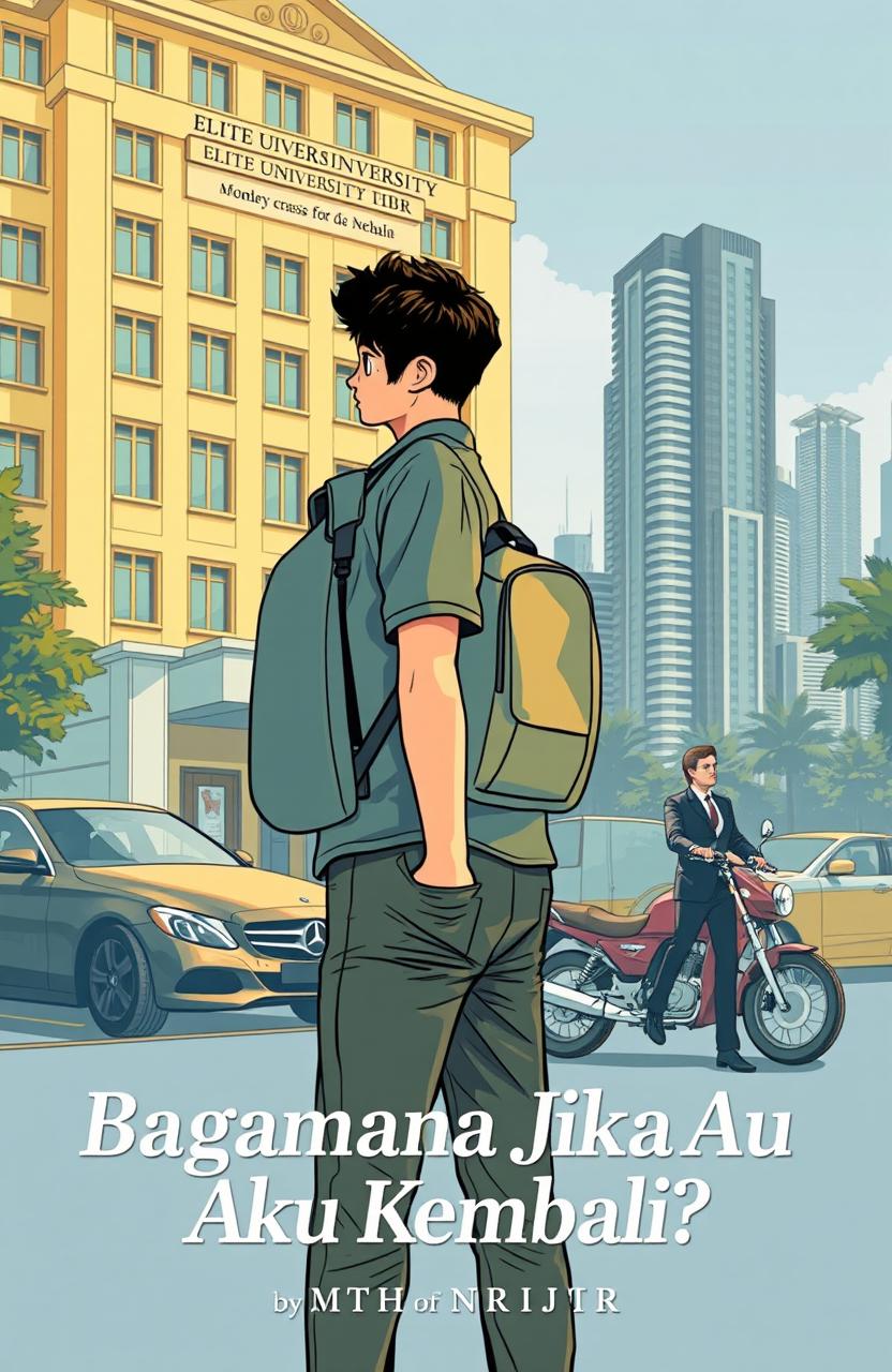 A young man standing at the entrance of an elite university dormitory, wearing a simple backpack and looking up at the grand building with a mix of determination and uncertainty on his face
