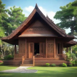 Create a traditional Javanese Joglo house, featuring ornate wooden carvings, steeply pitched roof, and open living areas. Incorporate a surrounding veranda and a beautifully manicured garden to complete this peaceful, cultural abode.