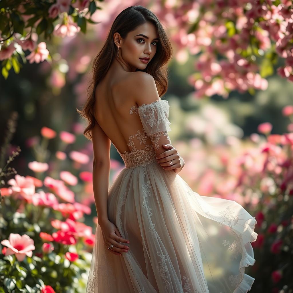 A stunning model posing elegantly in a luxurious, ethereal setting