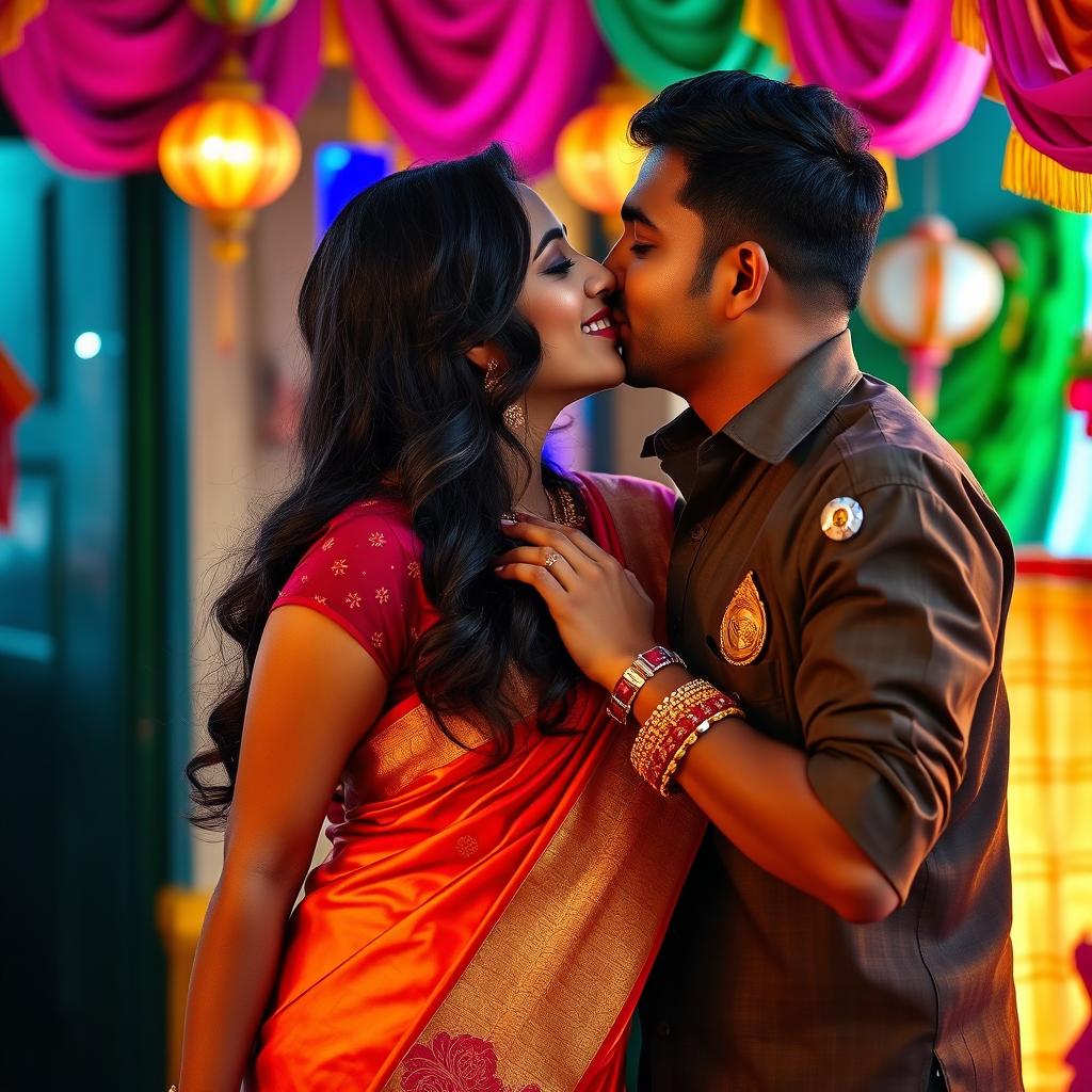 A vibrant and alluring scene featuring an attractive Indian woman wearing a traditional half saree, engaging in a romantic kiss with a watchman