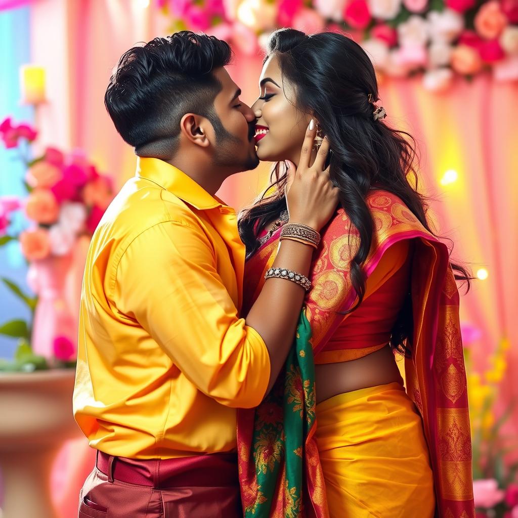 A vibrant and romantic scene featuring an attractive Indian woman wearing a colorful half saree, sharing a passionate kiss with a watchman