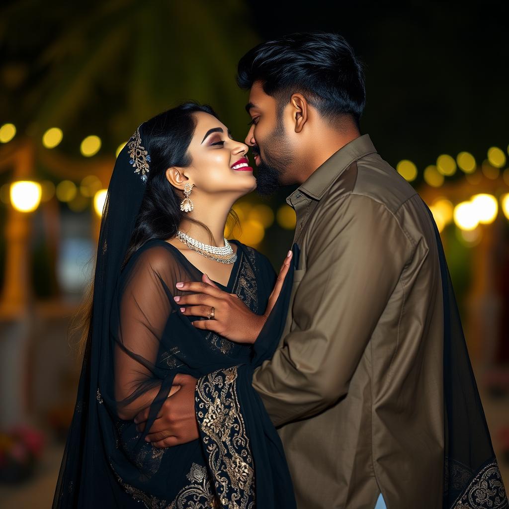 An enticing scene featuring a beautiful Indian woman wearing a striking black fallen transparent saree, sharing a passionate kiss with a watchman