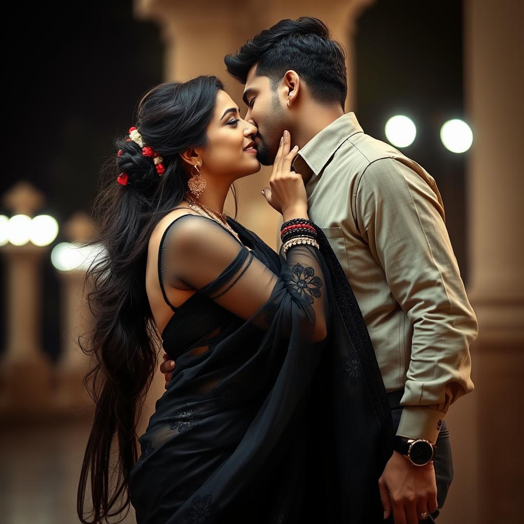 A captivating scene showcasing a beautiful Indian woman in a striking black fallen transparent saree, leaning in for a romantic kiss with a watchman