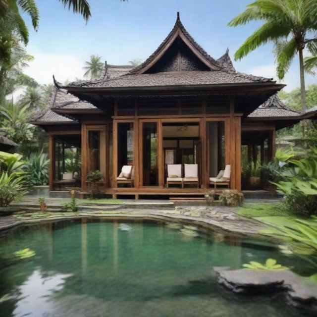 Elevate the traditional Javanese Joglo house into a larger estate, maintaining the authentic wooden architecture. Add modern amenities like an outdoor pool, spa area, and incorporate a powered gazebo. Enhance the garden with exotic local flora and tranquil water features.