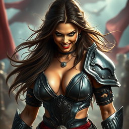 A fierce armored warrior woman, confidently displaying a bold and intimidating expression while showing her teeth