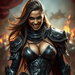 A fierce armored warrior woman, confidently displaying a bold and intimidating expression while showing her teeth