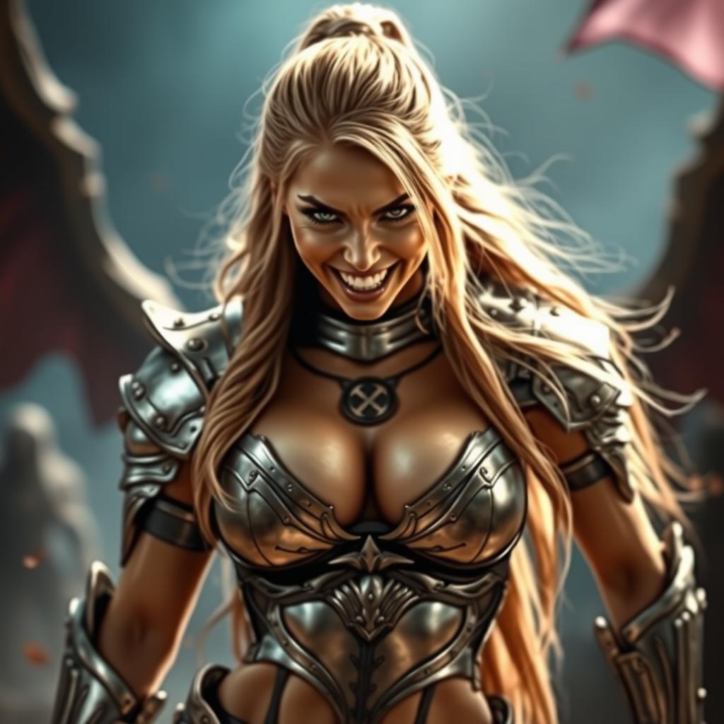 A fierce armored warrior woman, confidently displaying a bold and intimidating expression while showing her teeth