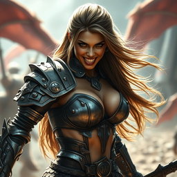 A fierce armored warrior woman, confidently displaying a bold and intimidating expression while showing her teeth