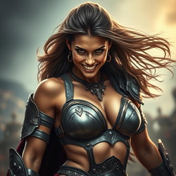 A fierce armored warrior woman, exuding confidence and strength while displaying a bold smile that reveals her teeth