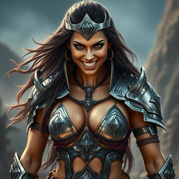 A fierce armored warrior woman, exuding confidence and strength while displaying a bold smile that reveals her teeth