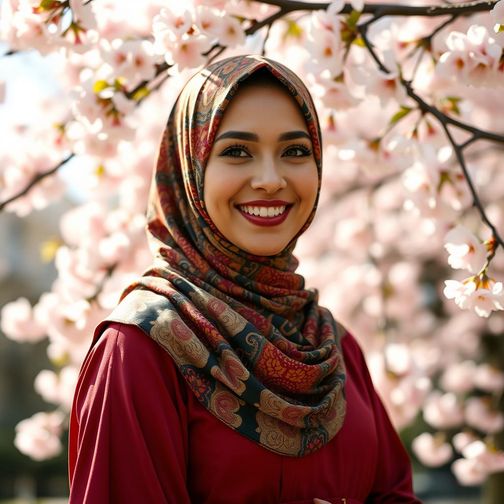 A beautifully adorned Muslim woman wearing a vibrant, intricately patterned hijab, set against a serene backdrop of blooming cherry blossom trees