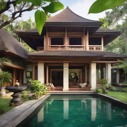 Elevate the traditional Javanese Joglo house into a larger estate, maintaining the authentic wooden architecture. Add modern amenities like an outdoor pool, spa area, and incorporate a powered gazebo. Enhance the garden with exotic local flora and tranquil water features.