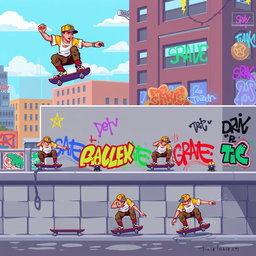 A colorful and dynamic pixel art spritesheet featuring a skateboarder performing various tricks on a skate wall