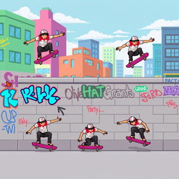A colorful and dynamic pixel art spritesheet featuring a skateboarder performing various tricks on a skate wall