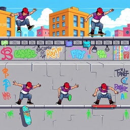 A colorful and dynamic pixel art spritesheet featuring a skateboarder performing various tricks on a skate wall
