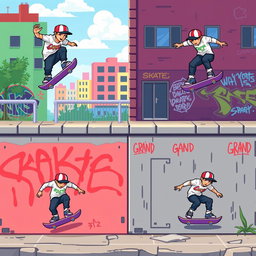 A colorful and dynamic pixel art spritesheet featuring a skateboarder performing various tricks on a skate wall