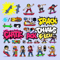 A vibrant and colorful pixel art spritesheet featuring various skateboarding elements for wall decor