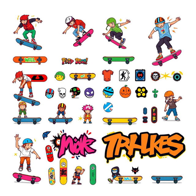 A vibrant and colorful pixel art spritesheet featuring various skateboarding elements for wall decor