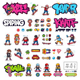 A vibrant and colorful pixel art spritesheet featuring various skateboarding elements for wall decor