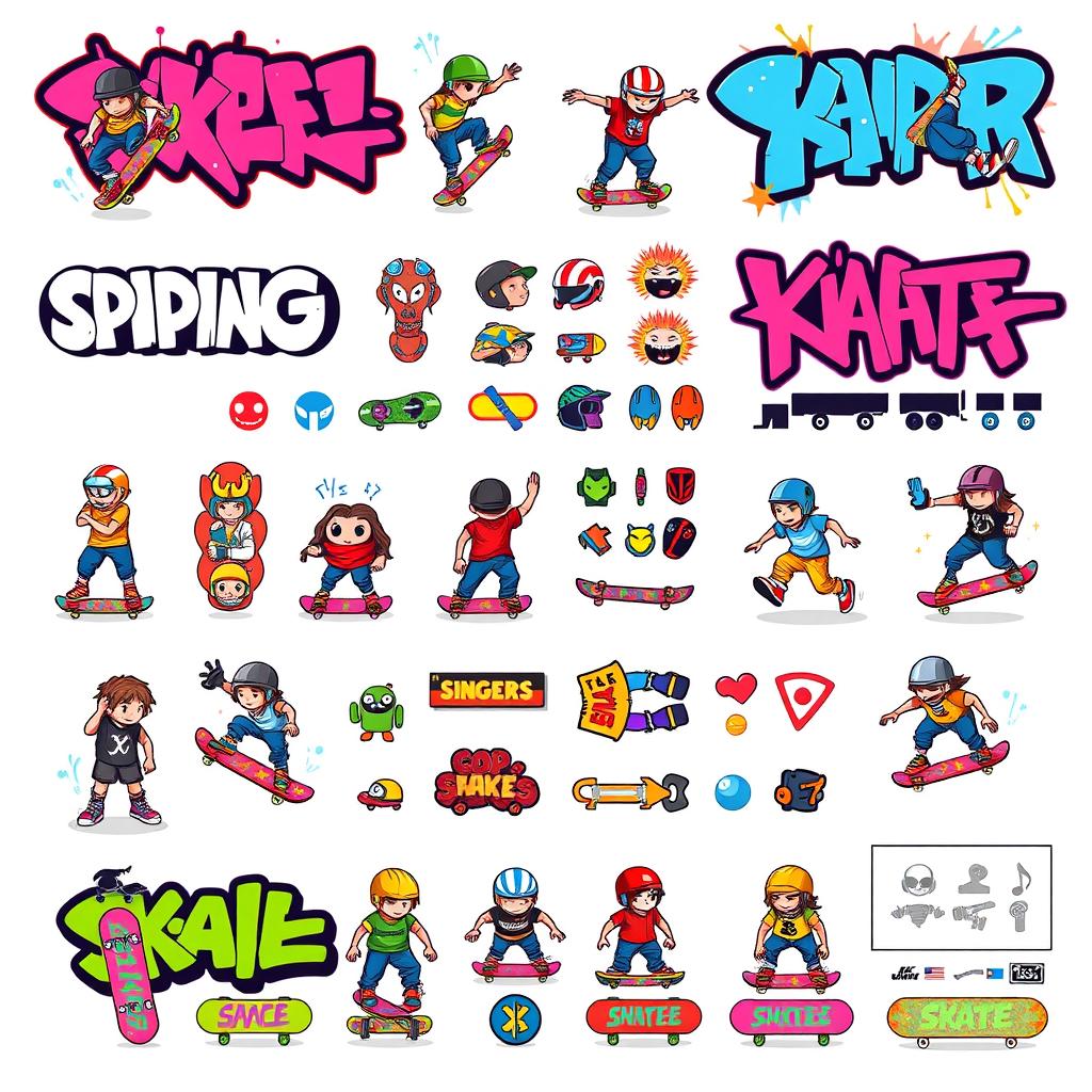 A vibrant and colorful pixel art spritesheet featuring various skateboarding elements for wall decor