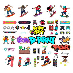 A vibrant and colorful pixel art spritesheet featuring various skateboarding elements for wall decor