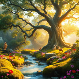 A vibrant and enchanting fairy tale landscape featuring a lush, green forest illuminated by soft golden sunlight filtering through the tree leaves