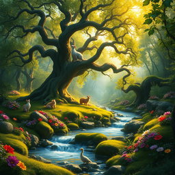 A vibrant and enchanting fairy tale landscape featuring a lush, green forest illuminated by soft golden sunlight filtering through the tree leaves
