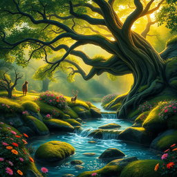 A vibrant and enchanting fairy tale landscape featuring a lush, green forest illuminated by soft golden sunlight filtering through the tree leaves