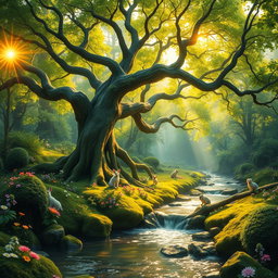 A vibrant and enchanting fairy tale landscape featuring a lush, green forest illuminated by soft golden sunlight filtering through the tree leaves
