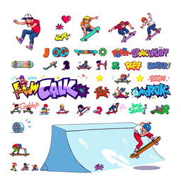 A vibrant and colorful pixel art spritesheet design featuring skateboarding elements