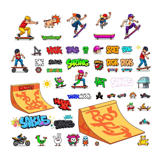 A vibrant and colorful pixel art spritesheet design featuring skateboarding elements