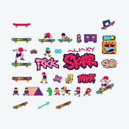 A vibrant and colorful pixel art spritesheet design featuring skateboarding elements