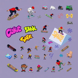 A vibrant and colorful pixel art spritesheet design featuring skateboarding elements