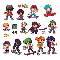 A vibrant and detailed pixel art spritesheet featuring various skater characters and decorative elements suitable for a wall