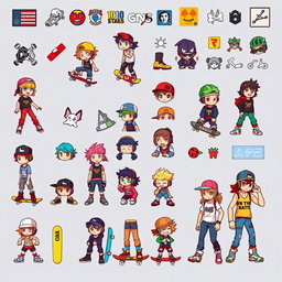 A vibrant and detailed pixel art spritesheet featuring various skater characters and decorative elements suitable for a wall
