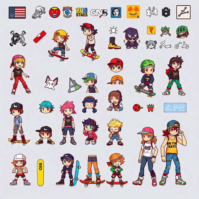 A vibrant and detailed pixel art spritesheet featuring various skater characters and decorative elements suitable for a wall