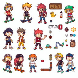 A vibrant and detailed pixel art spritesheet featuring various skater characters and decorative elements suitable for a wall