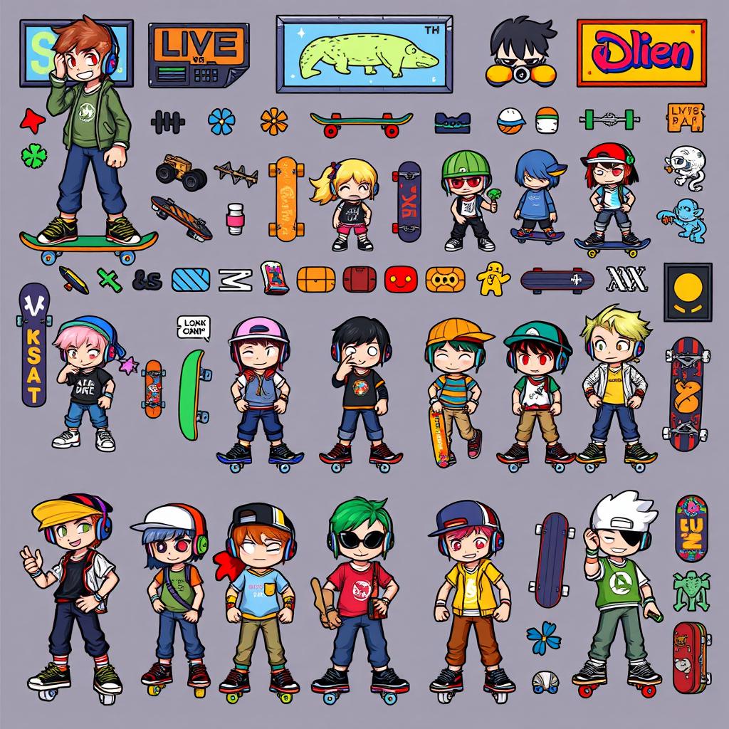 A vibrant and detailed pixel art spritesheet featuring various skater characters and decorative elements suitable for a wall