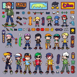 A vibrant and detailed pixel art spritesheet featuring various skater characters and decorative elements suitable for a wall
