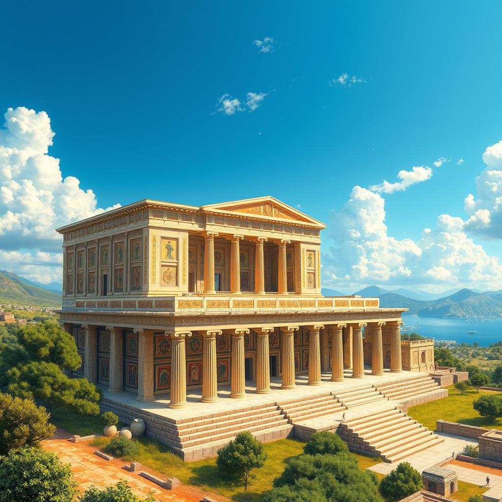 A detailed artistic representation of the ancient Palace of Knossos, showcasing its grand architecture with multiple levels and colorful frescoes